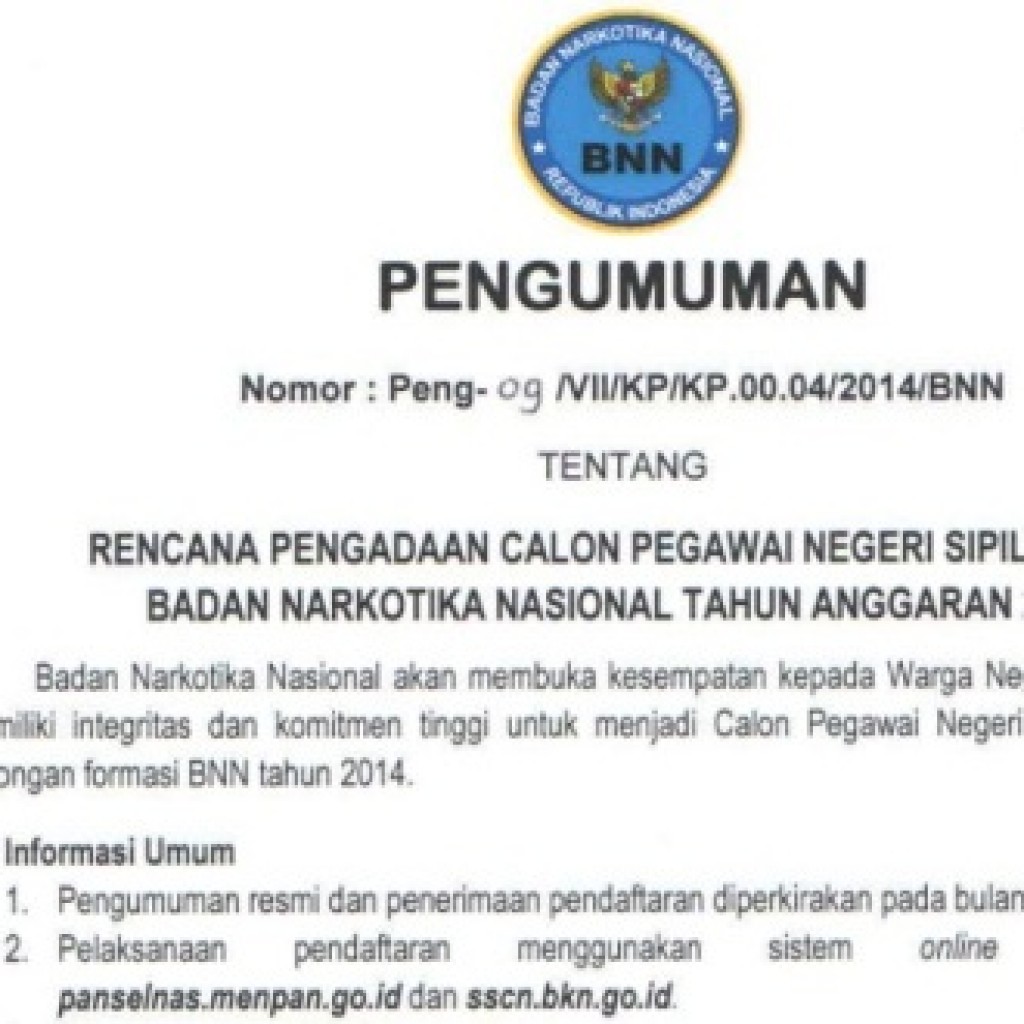 Lowongan Kerja CPNS 2014 BNN