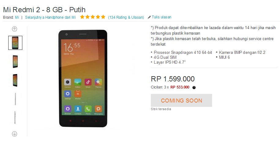 8 April, Xiaomi Redmi 2 dijual di Lazada