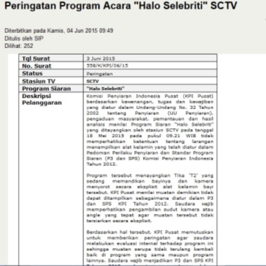 KPI tegur acara Halo Selebriti SCTV