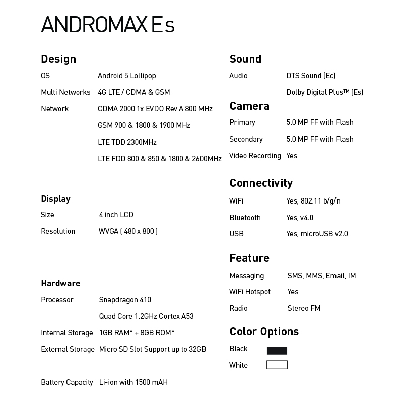 Harga Andromax 4G LTE Smartfren Andromax Es dan Spesifikasi, Kamera Depan 5MP dan LED Flash
