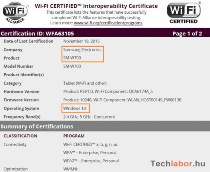 Samsung 12 Inci Windows 10 WiFi Alliance