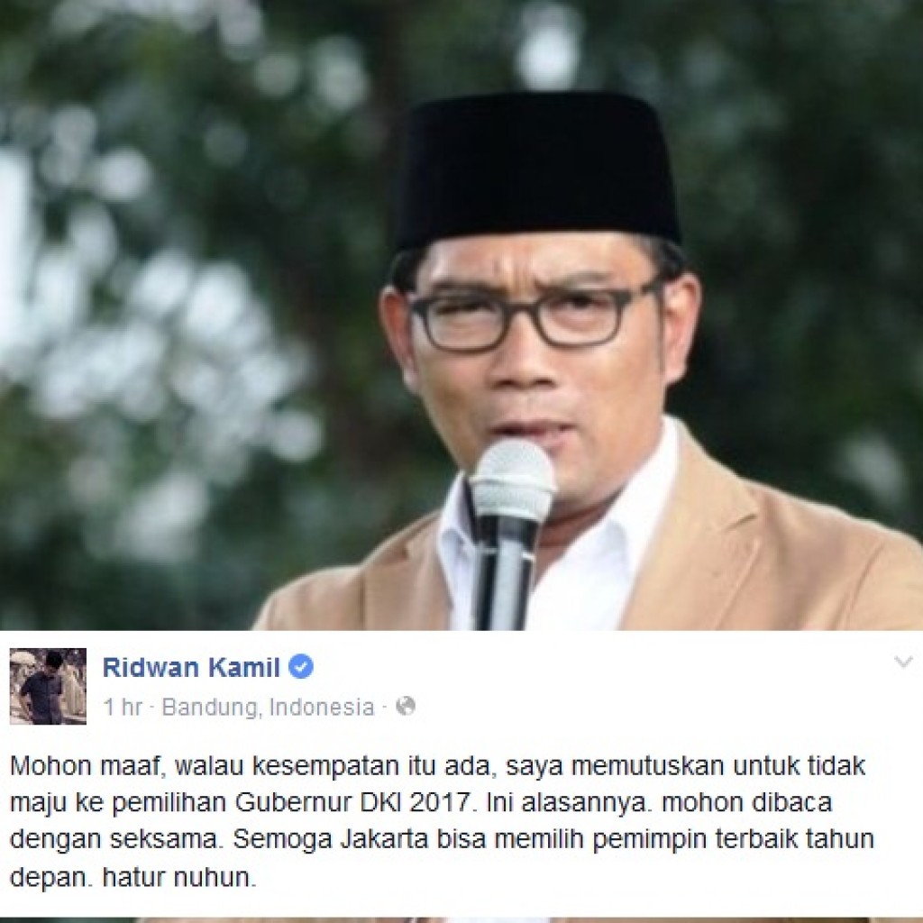 Ridwan Kamil Tidak Maju ke Pilgub DKI Jakarta 2017