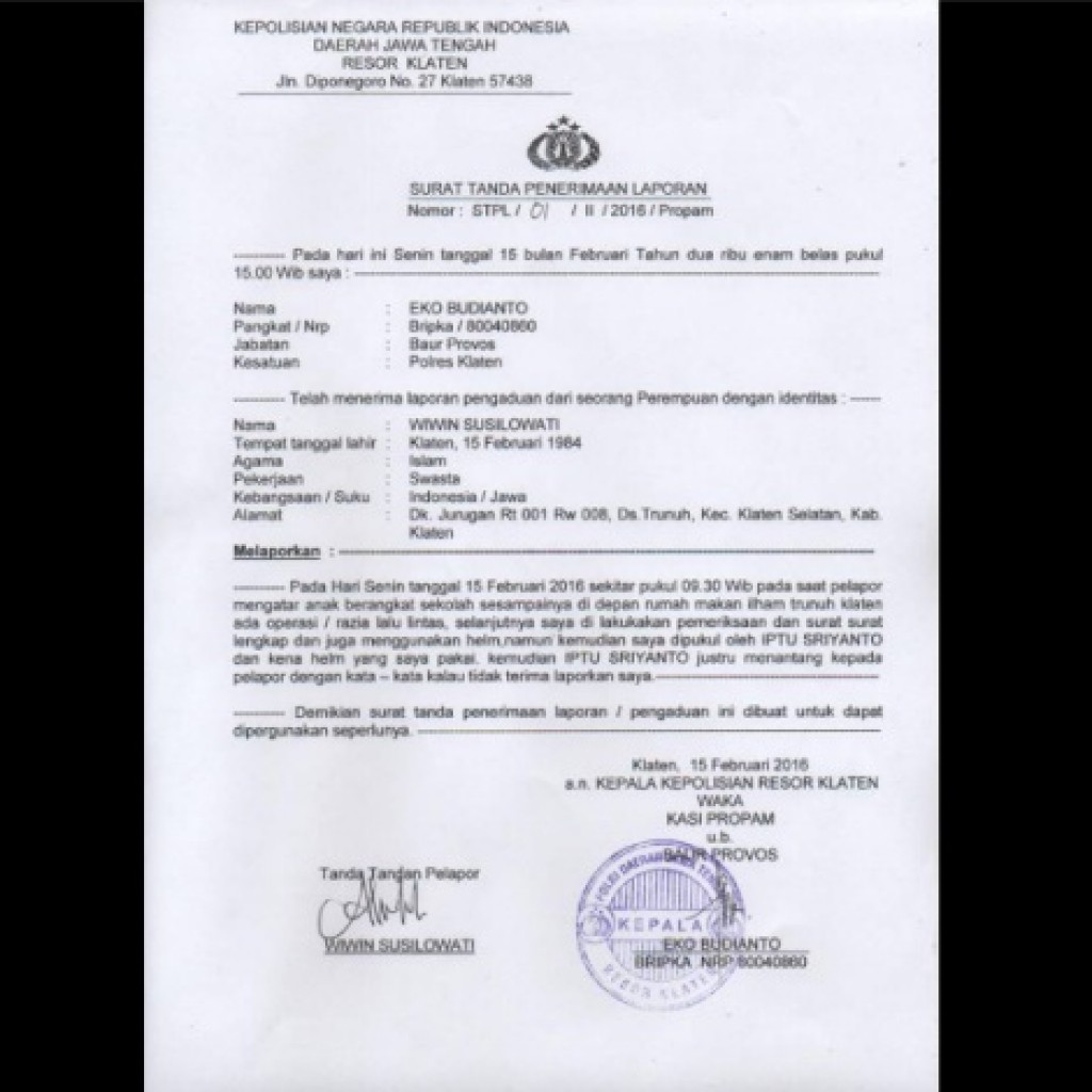 Surat Tanda Penerimaan Laporan Wiwin Susilowati