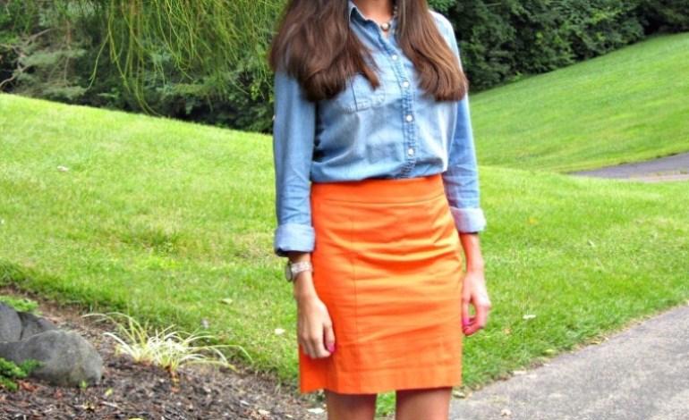 chambray shirt with a skirt and blouse shirt