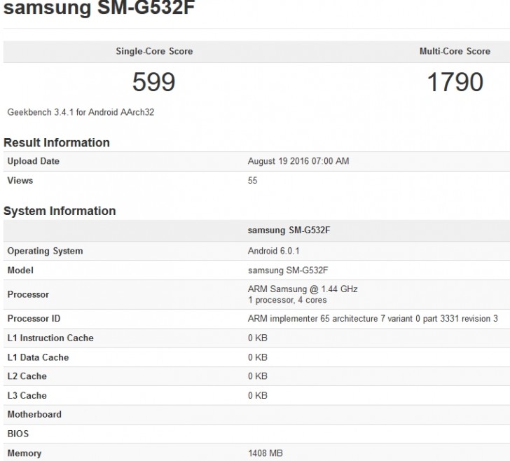 Samsung Galaxy Grand Prime 2016 di GeekBench