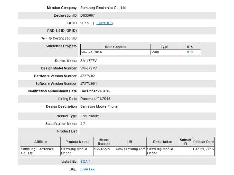 Samsung Galaxy J7 2017 Bluetooth SIG