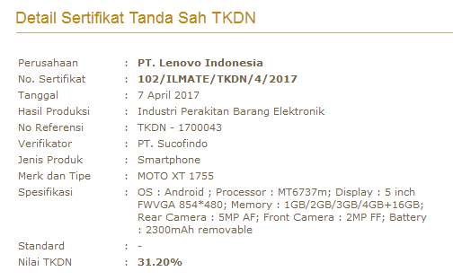 Motorola Moto E4 (XT1755) Penuhi TKDN di Indonesia, Ini Spesifikasinya