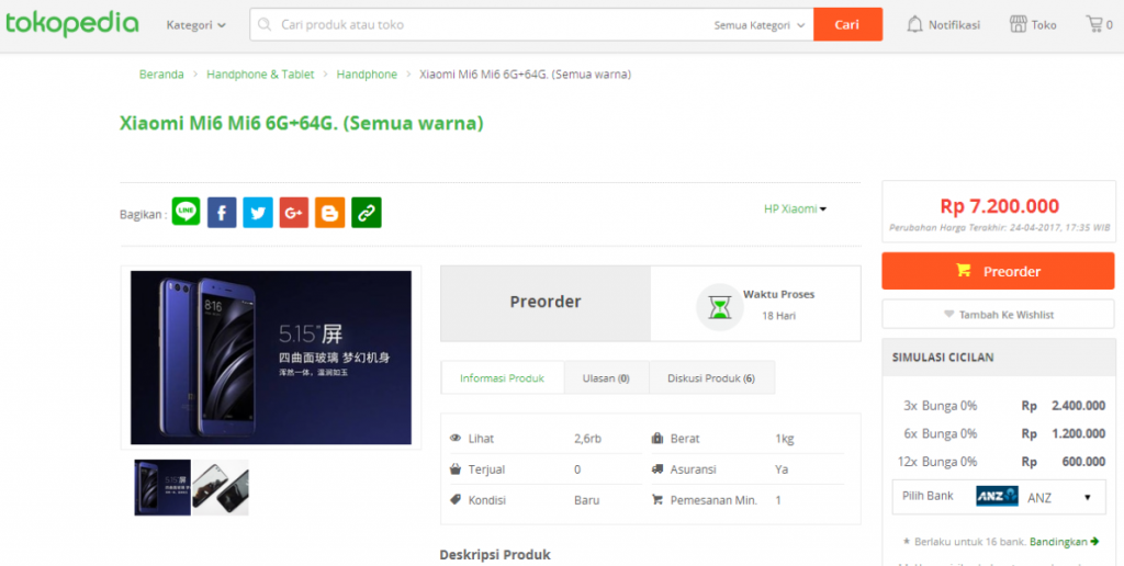 Preorder Xiaomi Mi6 di Tokopedia