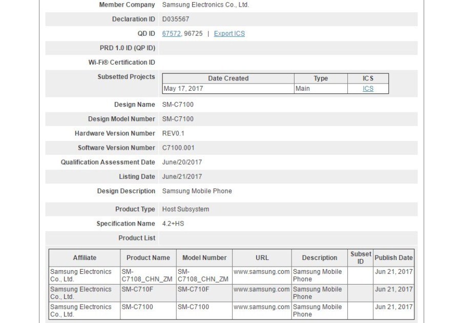 Samsung Galaxy C7 2017 di Bluetooth SIG