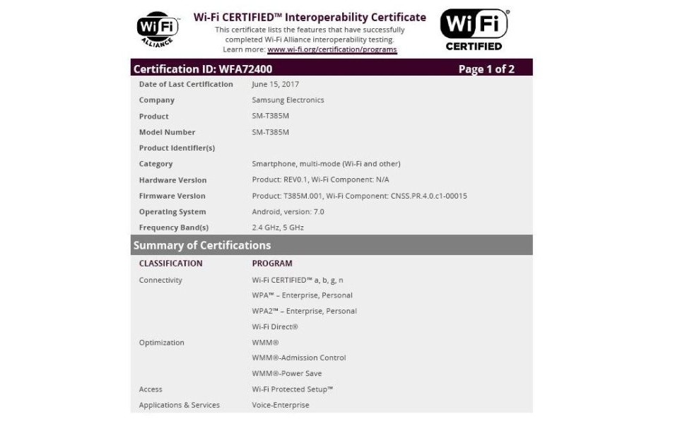 Samsung Galaxy SM T385 di di WiFi Alliance