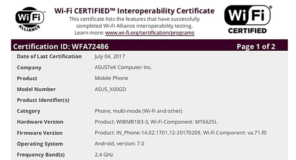 ASUS X00GD di WiFi Alliance