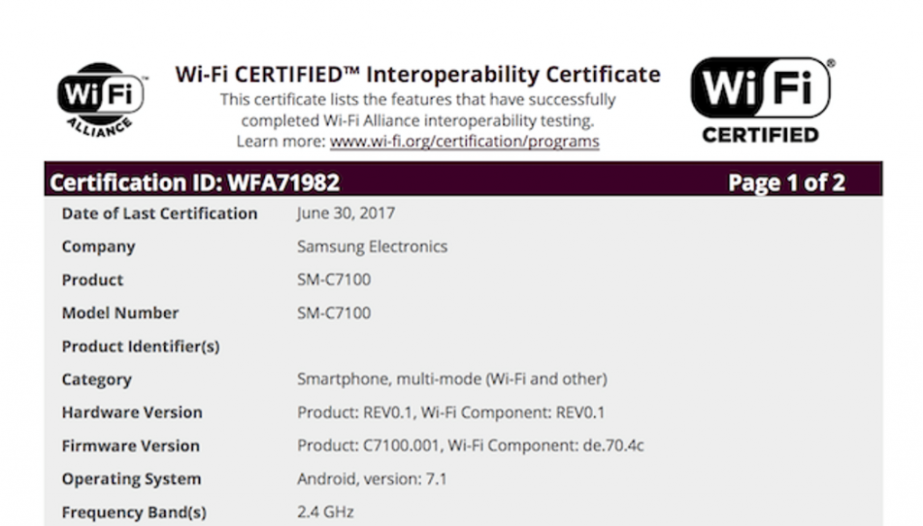 Samsung Galaxy C7 2017 di WiFi Alliance