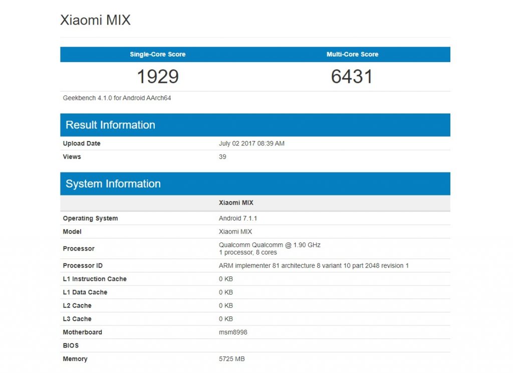 Xiaomi Mi MIX 2 di GeekBench