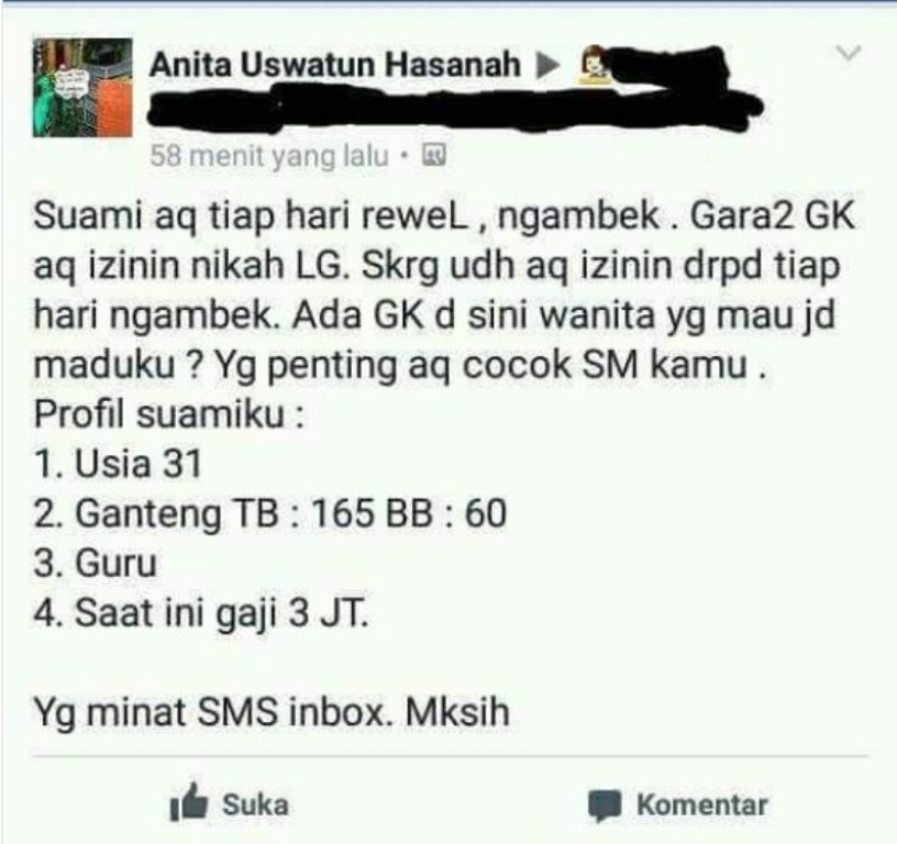 istri pasang iklan cari madu di facebook