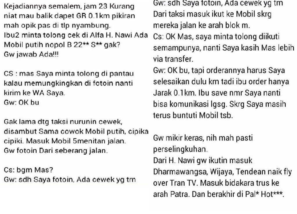 Curhatan Driver GoJek jadi Go Spy Karena Disewa Ibu Ibu untuk Mata Mata Suami yang Selingkuh ini Epic Banget