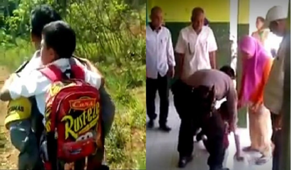 Pengabdian Seorang Polisi Gendong Anak yang Tidak Bisa Berjalan Pergi ke Sekolah ini Bikin Kagum