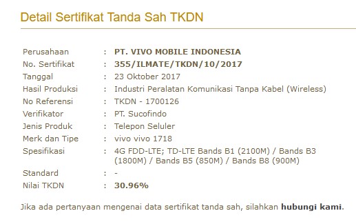 Vivo 1718 Lolos Uji TKDN di Indonesia, Vivo V7s?