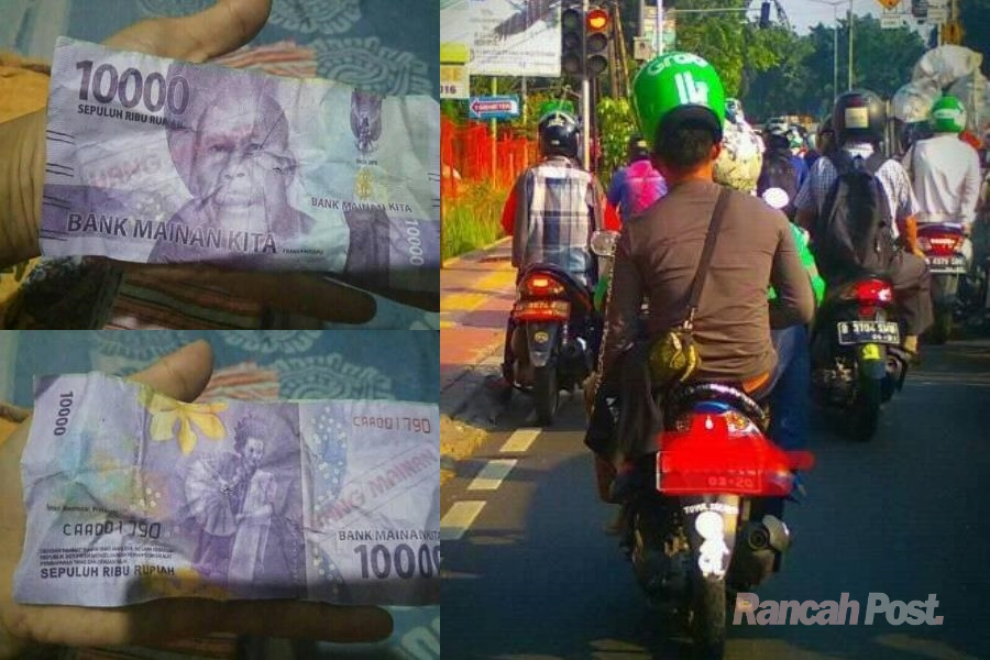 Bayar Ongkos Ojek Online Pakai Uang Mainan