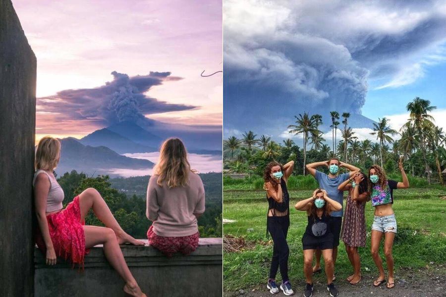 Foto Selfie Berlatar Erupsi Gunung Agung di Bali