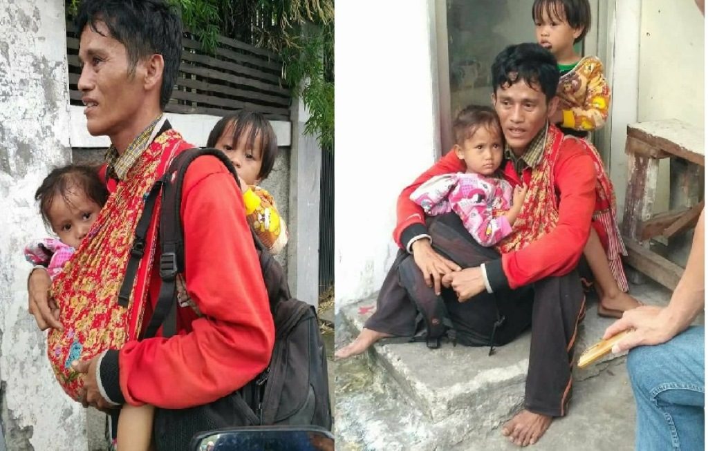 Sebut Dirinya Ingin Pulang Ke Bone Seorang Pria Gendong 2 Anaknya Berjalan Tanpa Alas Kaki di Jakarta Barat Ini Buat Netizen Terenyuh