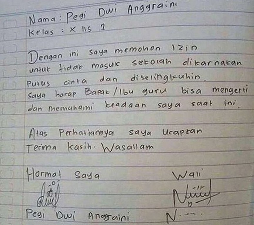 Lagi Seorang Siswi Sma Ini Tulis Surat Izin Nyeleneh Ke