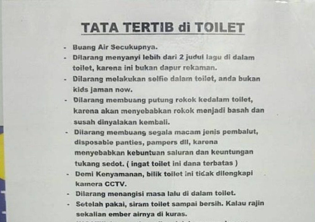 Peraturan Toilet Umum di Rest Area Tol Cipali ini Nyeleneh Banget Dilarang Selfie Hingga Tangisi Masa Lalu
