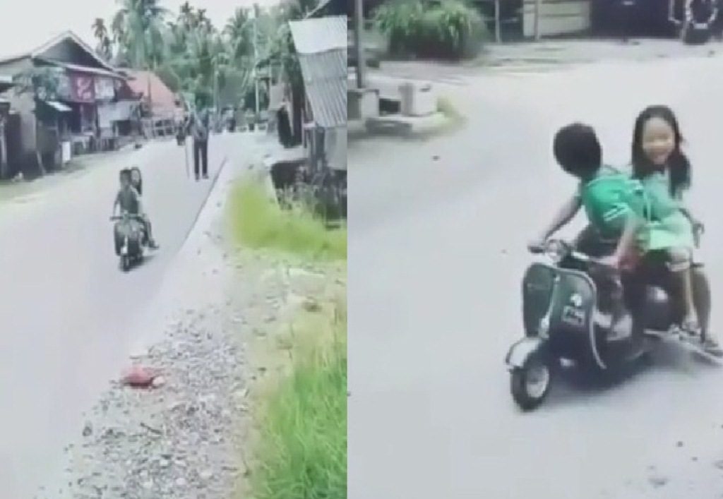 Anti Tilang 2 Bocah ini Boncengan di jalan Naik Vespa Nggak Kalah dari Dilan dan Milea Nih