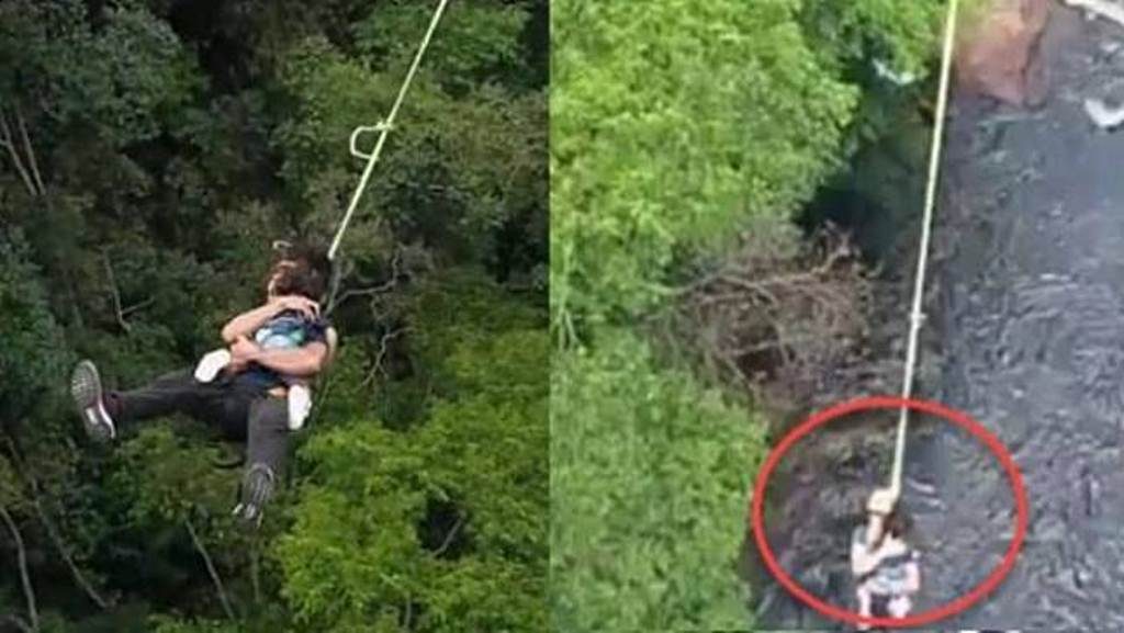 Lakukan bungee jumping dengan putrinya yang masih balita pria ini banjir kritikan netizen