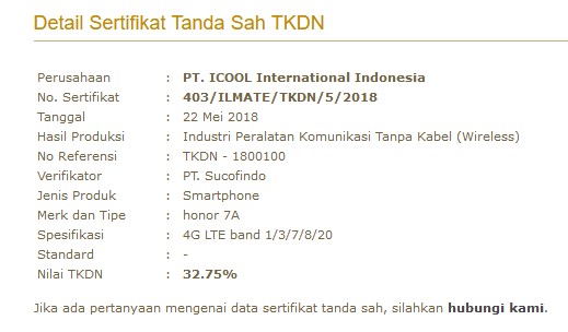 Huawei Honor 7A TKDN Indonesia