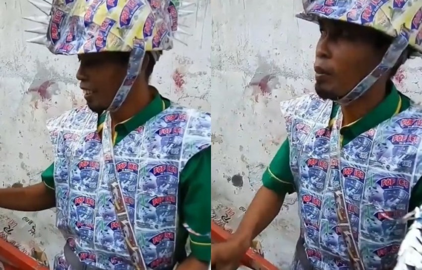 Pakai Baju dan Topi dari Bungkus Bekas Minuman Tukang Es ini Viral Abangnya Kreatif Banget