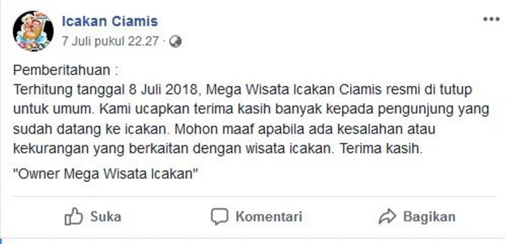 Ramai di Media Sosial Icakan Ciamis Ditutup untuk Umum