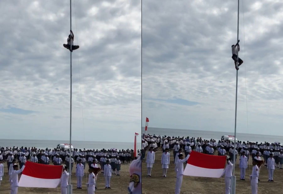 Aksi Heroik Pelajar SMP Panjat Tiang Bendera Usai Tali Lepas Viral