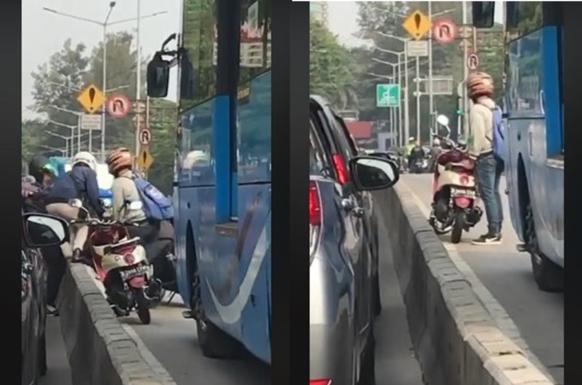 Bantu Angkat Motor Lewati Separator Busway Pria ini Bernasib Apes Pengen Ketawa Takut Dosa