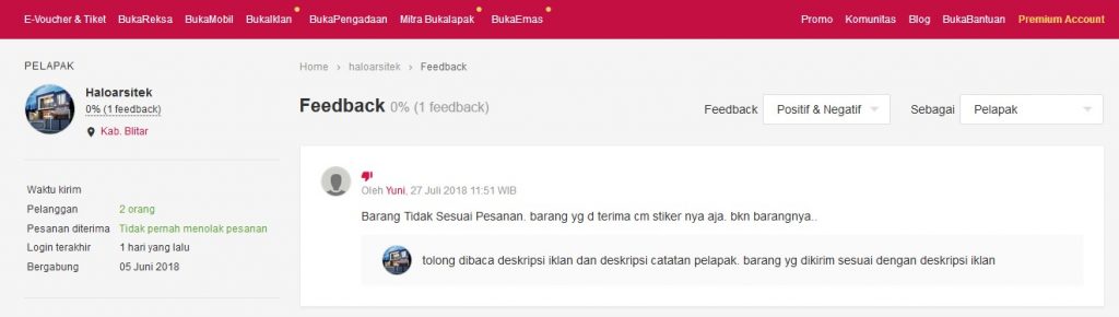 Feedback Negatif Pembeli di Bukalapak