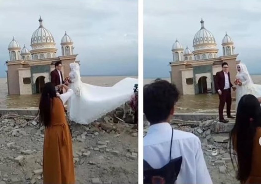 Tak Larut dalam Kesedihan Pasangan ini Lakukan Foto Pasca Wedding di Depan Masjid Apung Kota Palu