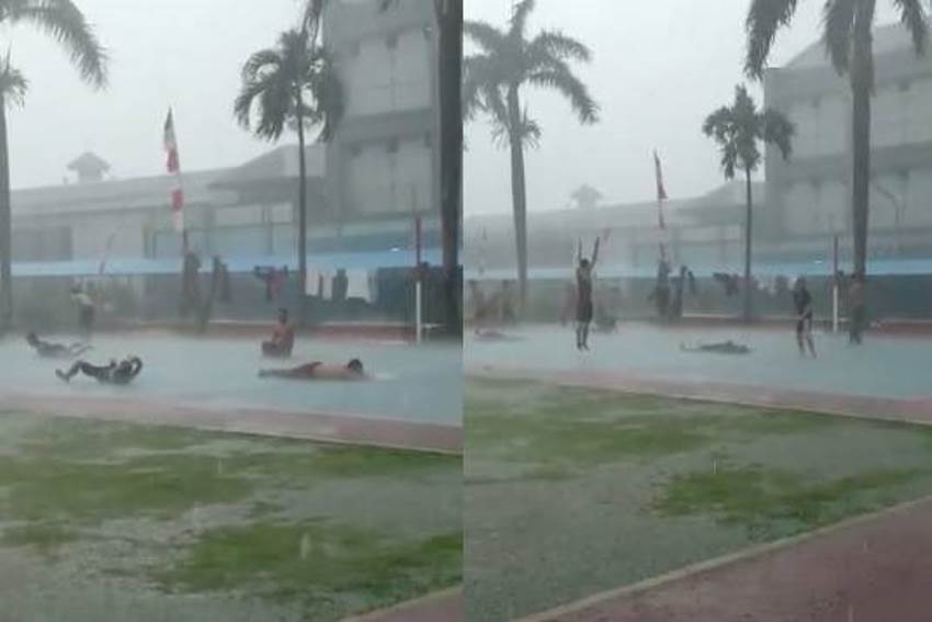 Melompat hingga Berseluncur di Lapangan Aksi Para Napi Bermain Hujan ini Viral