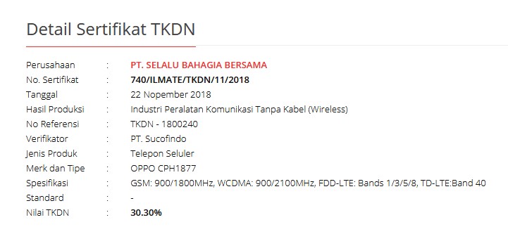 OPPO CPH1877 TKDN Indonesia