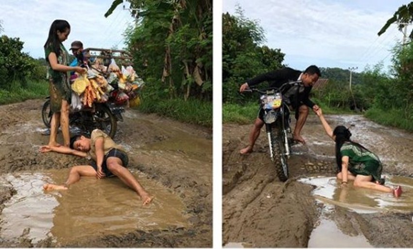 Lagi Warga Tutar Sindir Pemerintah dengan Lakukan Pemotretan di Jalan Berlumpur