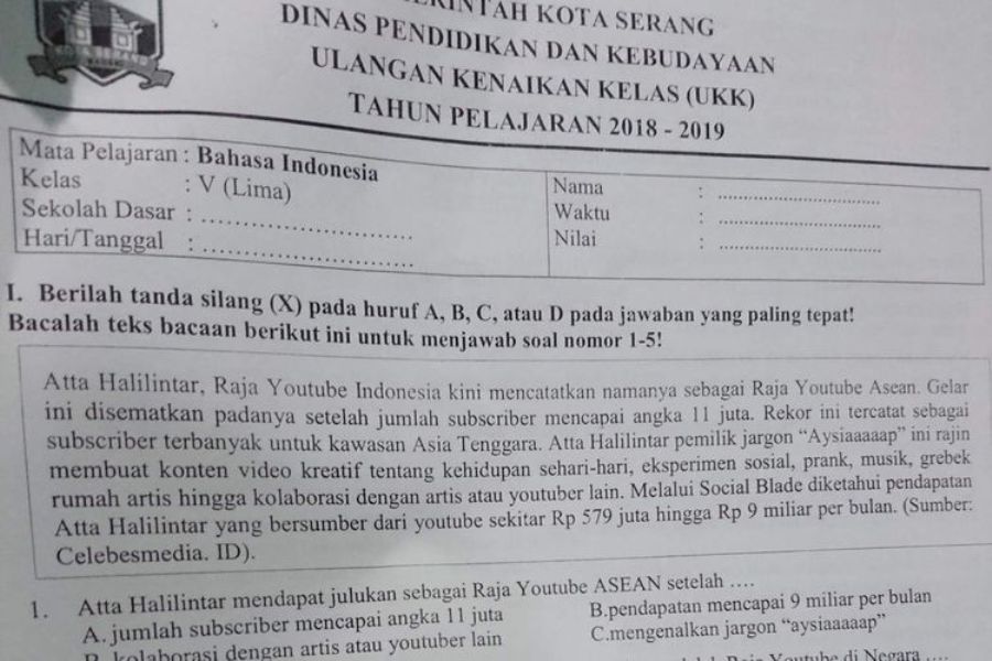 Menyebar di Medsos Nama Atta Halilintar Muncul di Soal Ulangan Siswa SD Simak Pertanyaannya