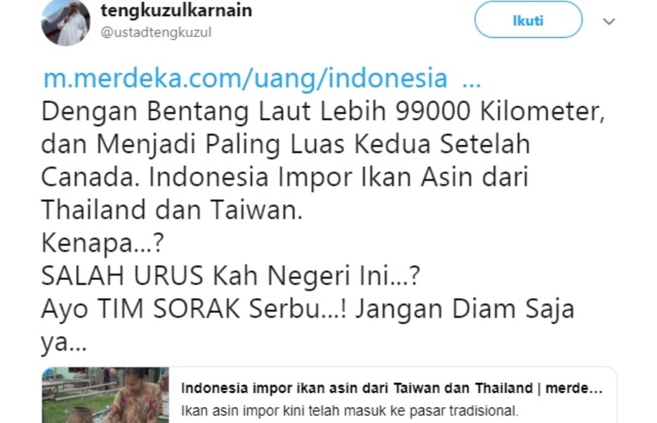Cuit Indonesia Impor Ikan Asin Taiwan Wasekjen MUI Ustadz Tengku Zulkarnain Disemprot Menteri Susi