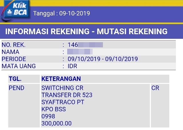 Kta kilat akulaku masuk rekening bca