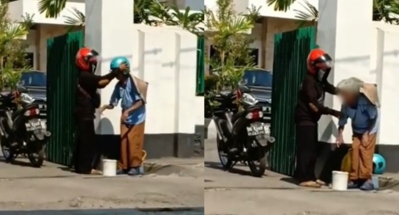 Diduga Keluarganya Seorang Pengendara Motor Turunkan Pengemis di Depan Masjid Aksinya Bikin Netizen Murka