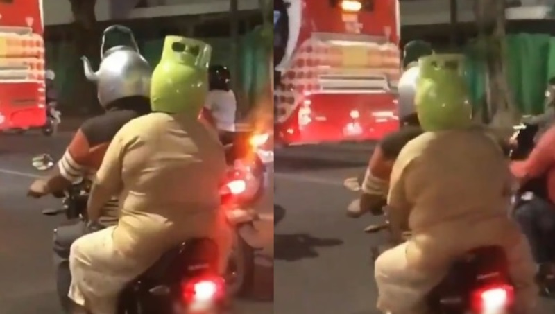 Pakai Helm Unik Bentuk Teko dan Elpiji 3 Kg Pasutri ini Curi Perhatian Netizen