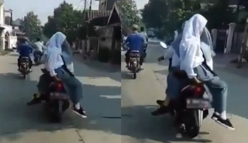 Bonceng Tiga dengan Posisi Unik Aksi Siswi SMA ini Bikin Geleng geleng Kepala