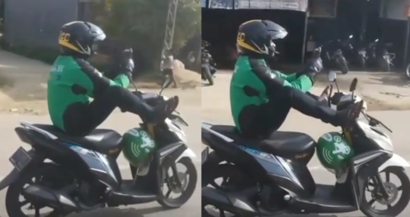 VIRAL Video Aksi Santuy Abang Ojol Kendarai Motor Pakai Kaki Sambil Pegang HP