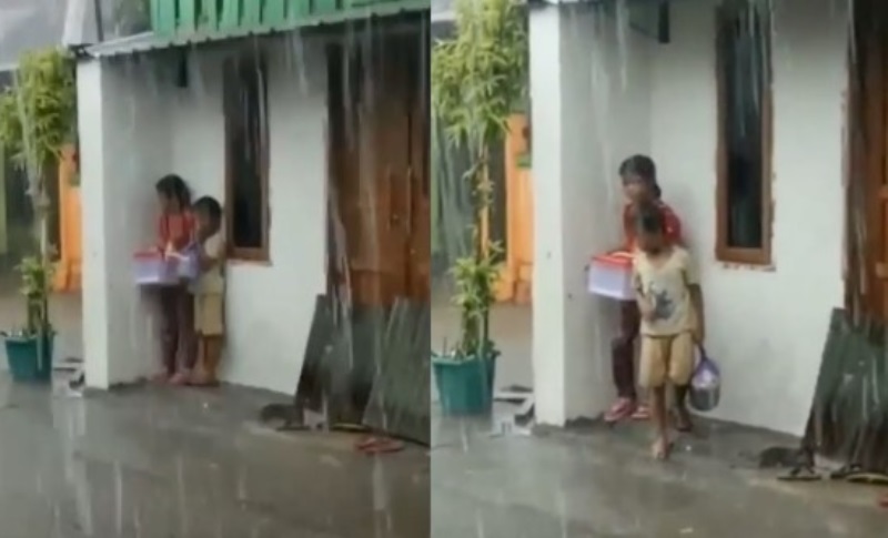 Video Perjuangan Kakak Beradik Tetap Jualan Meski Hujan Deras Viral di Medsos