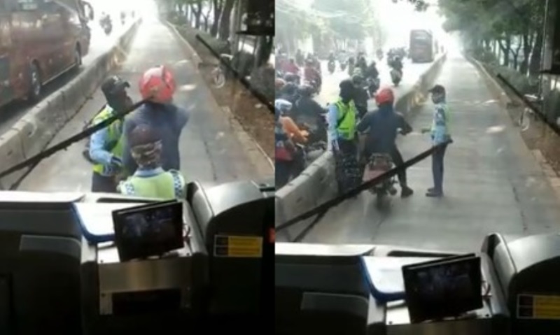 Dihadang Petugas Karena Terobos Jalur Busway Pemotor Berplat Merah Malah Ngamuk