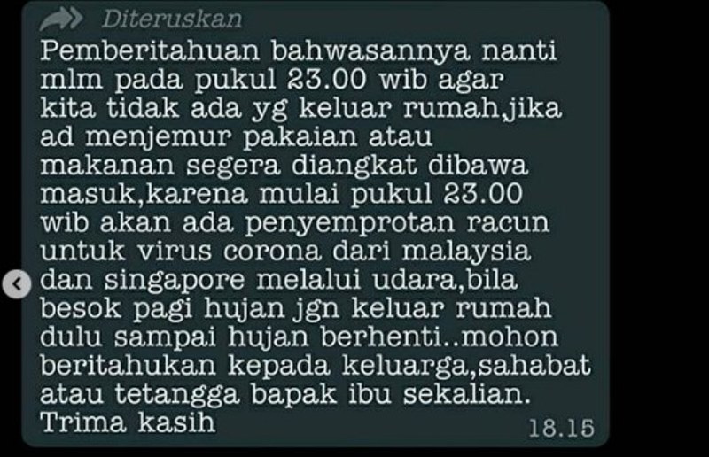 Heboh Pesan Berantai Tentang Penyemprotan Racun Pembasmi Virus Corona Dipastikan Hoaks