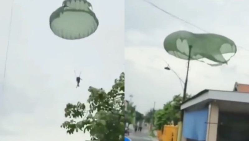 Viral Video Dua Penerjun Payung Nyasar di Pemukiman Warga