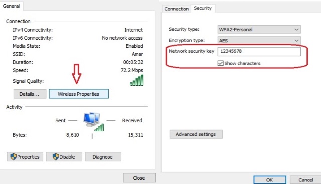 Cara mengetahui Password jaringan WiFi dengan klik menu Security dan cenatng dikotakk Show Characters